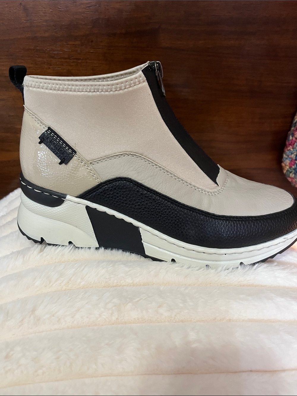 Rieker Two-Tone Black and Cream Wedge Ankle Bootie